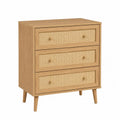 Cómoda rectangular con 3 cajones MDF chapado en roble paneles de ratán color madera natural 80 x 40 x 80 cm