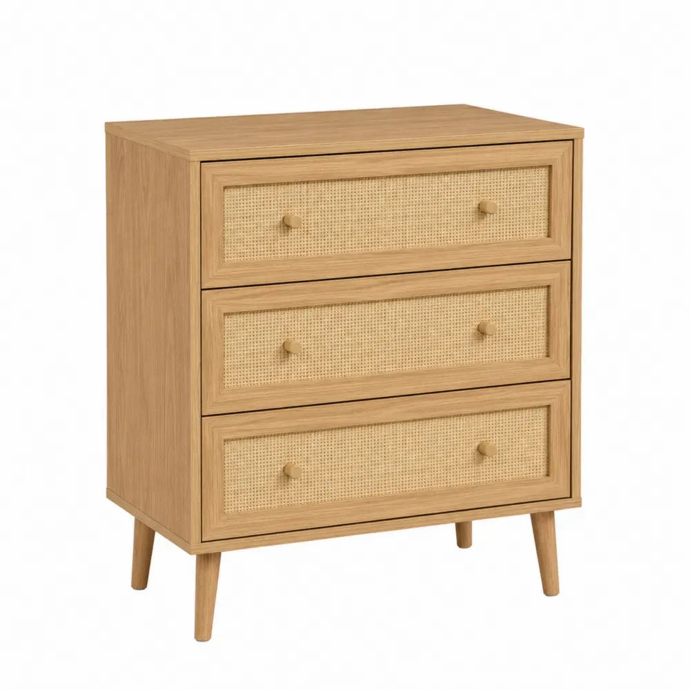 Cómoda rectangular con 3 cajones MDF chapado en roble paneles de ratán color madera natural 80 x 40 x 80 cm