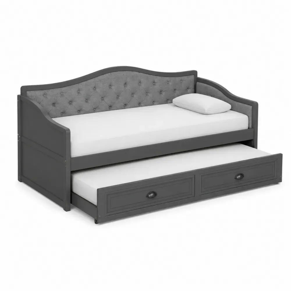 cama tipo sofá con cama nido y cajones de almacenamiento estructura de madera MDF tapizado de poliéster gris 200 cm x 95 cm x 85 cm