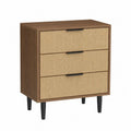Cómoda rectangular con 3 cajones MDF acabado nogal paneles de ratán beige patas metálicas negras 80 x 40 x 80 cm