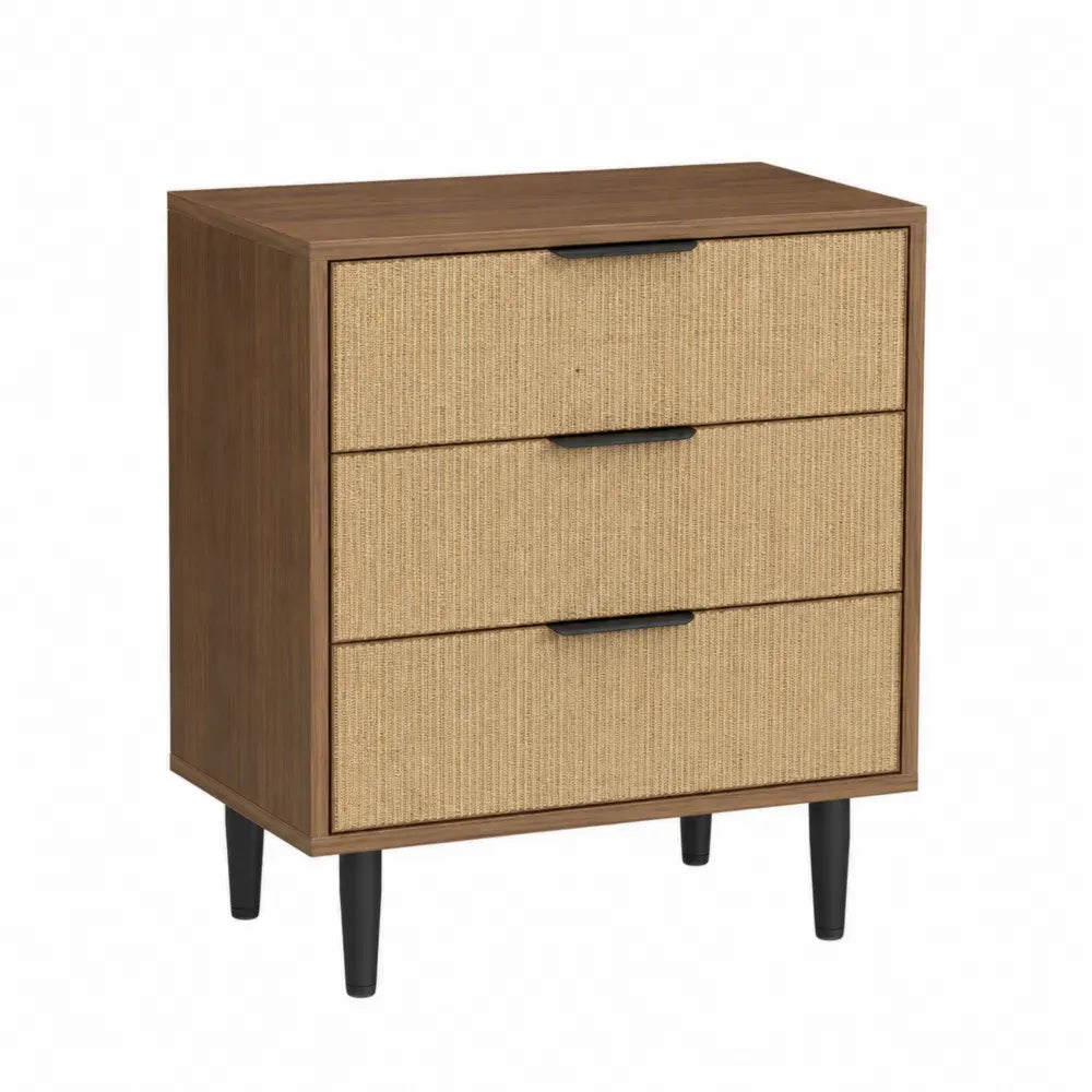 Cómoda rectangular con 3 cajones MDF acabado nogal paneles de ratán beige patas metálicas negras 80 x 40 x 80 cm