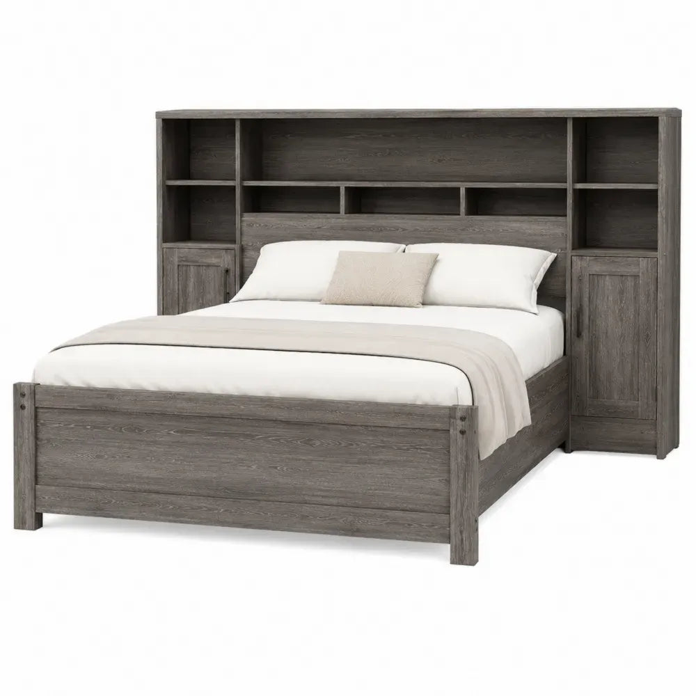 Cama de matrimonio para colchón 160 x 200 cm con cabecero estantería y armarios laterales de tablero de partículas gris efecto madera