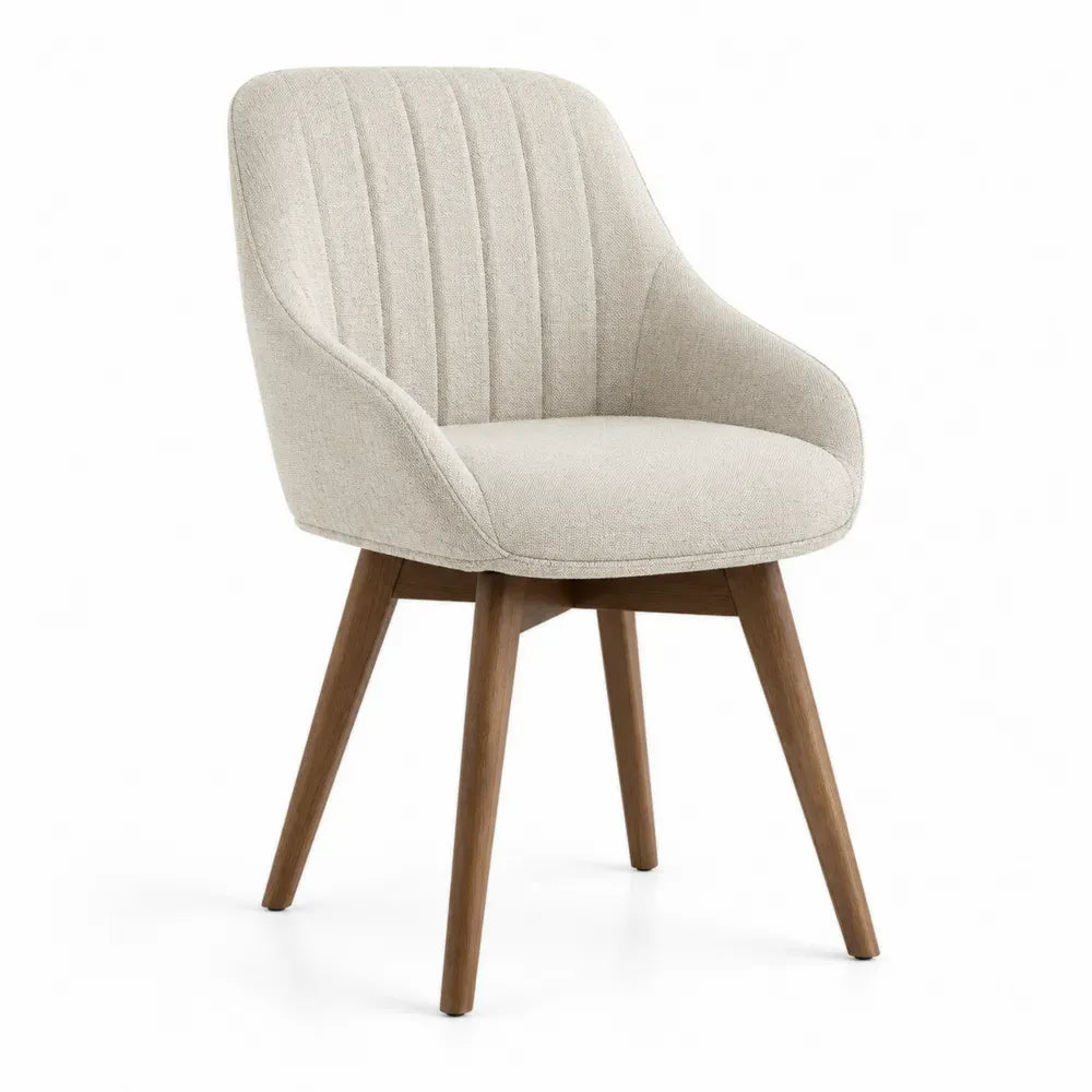 Silla de comedor tapizada con brazos tejido poliéster beige patas de madera marrón nogal 58 x 60 x 85 cm