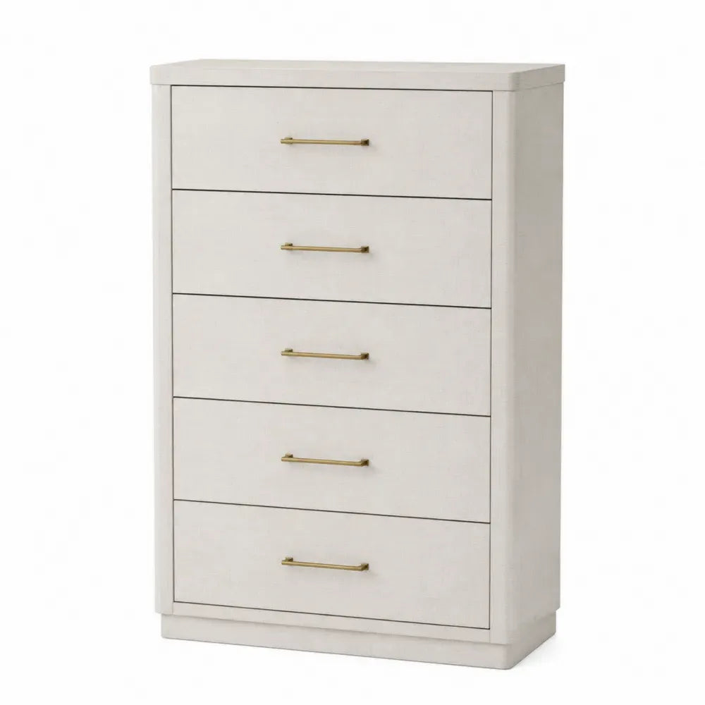 Cómoda de dormitorio de 5 cajones en tablero de partículas melaminado blanco roto 80 x 40 x 100 cm con tiradores metálicos dorados