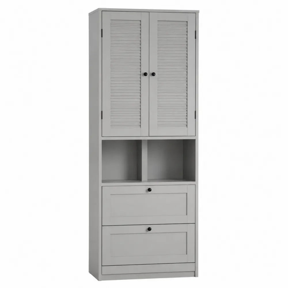 Armario de almacenamiento vertical de MDF gris con 2 puertas ranuradas 2 huecos abiertos y 2 cajones 70 x 35 x 180 cm
