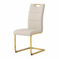 Silla de comedor tapizada en cuero sintético PU beige estructura metálica dorada tipo cantilever respaldo alto 88 cm