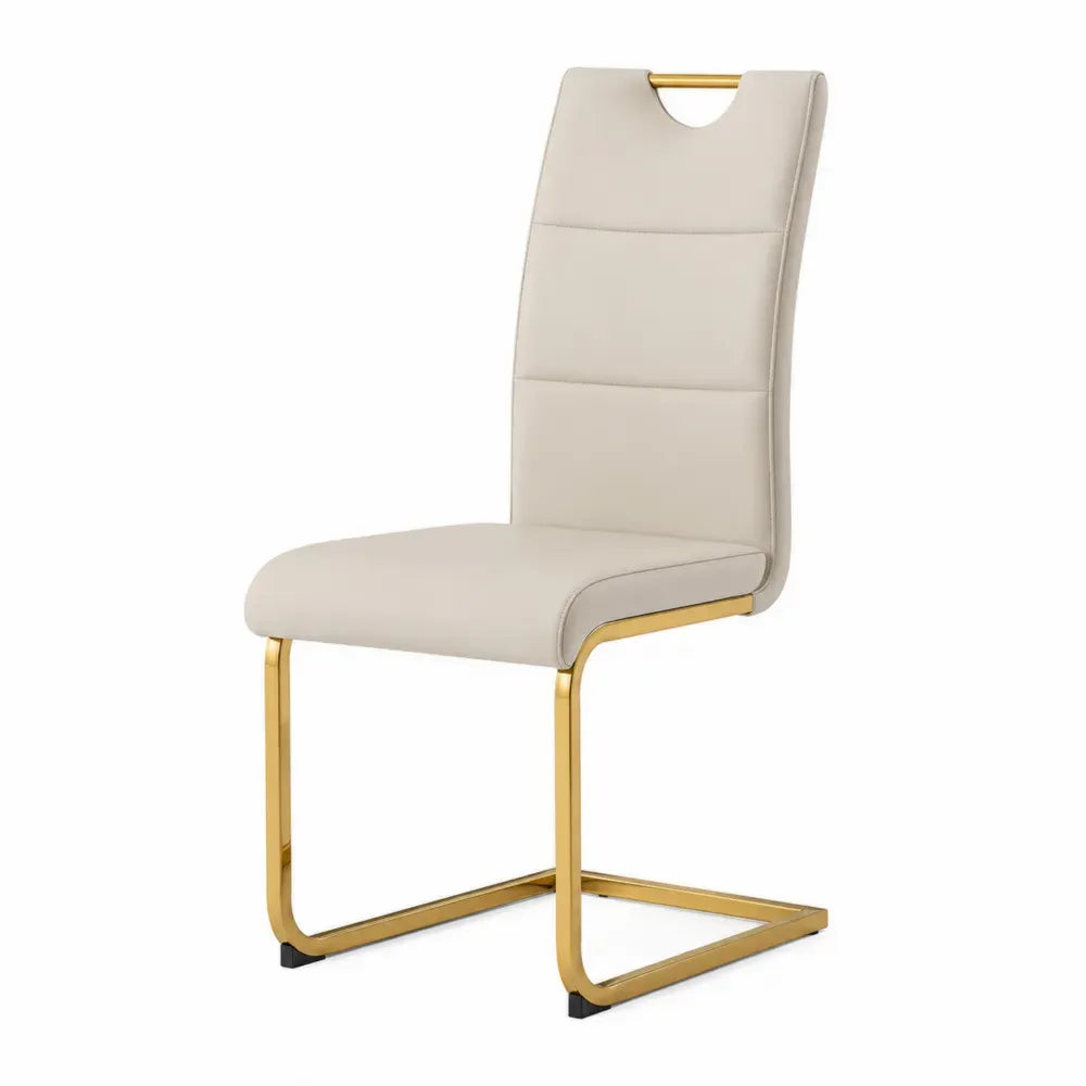 Silla de comedor tapizada en cuero sintético PU beige estructura metálica dorada tipo cantilever respaldo alto 88 cm