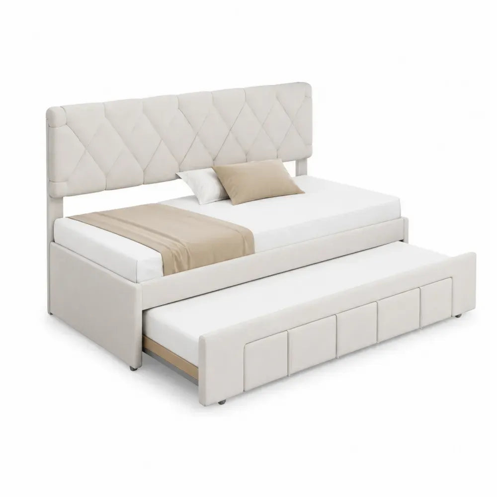 Cama nido tapizada rectangular de poliéster beige con cabecero acolchado capitoné y cama inferior extraíble 210 x 100 x 110 cm