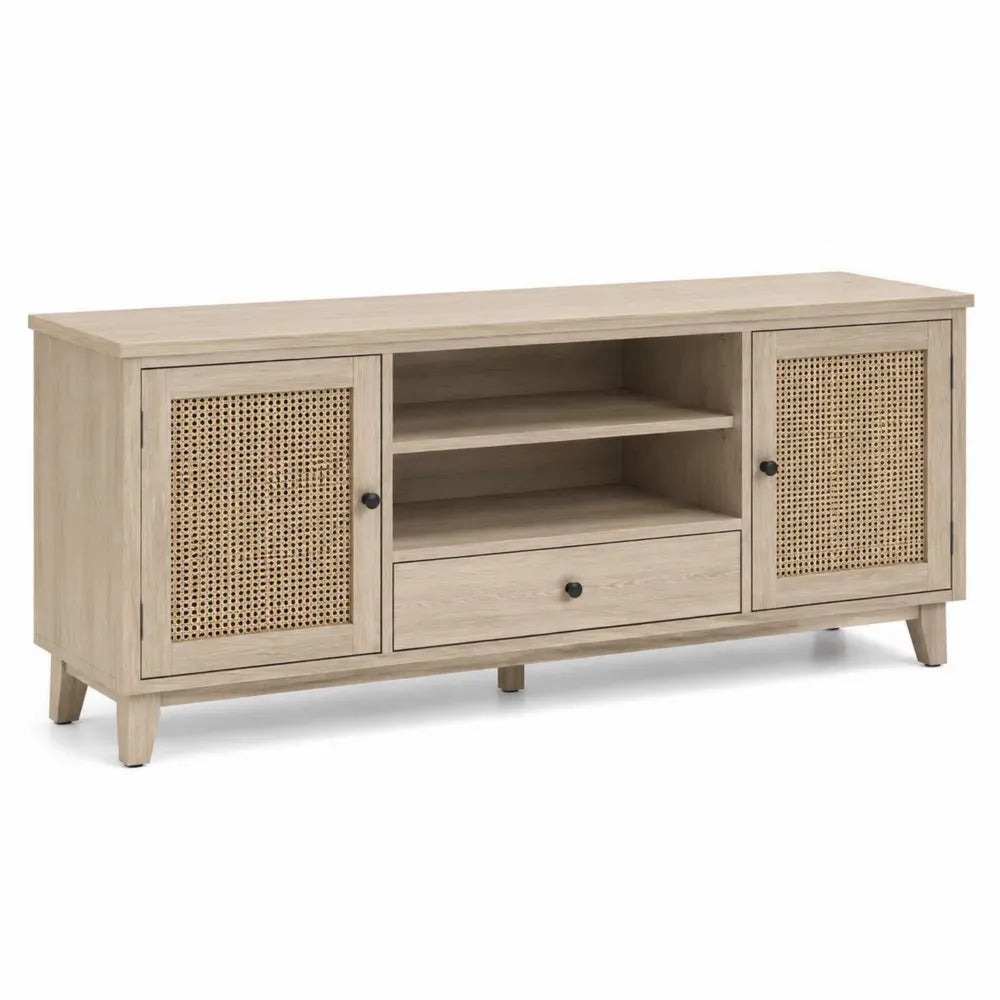 Mueble TV bajo rectangular de MDF con chapa de roble claro y puertas de rejilla de ratán 160 x 40 x 55 cm