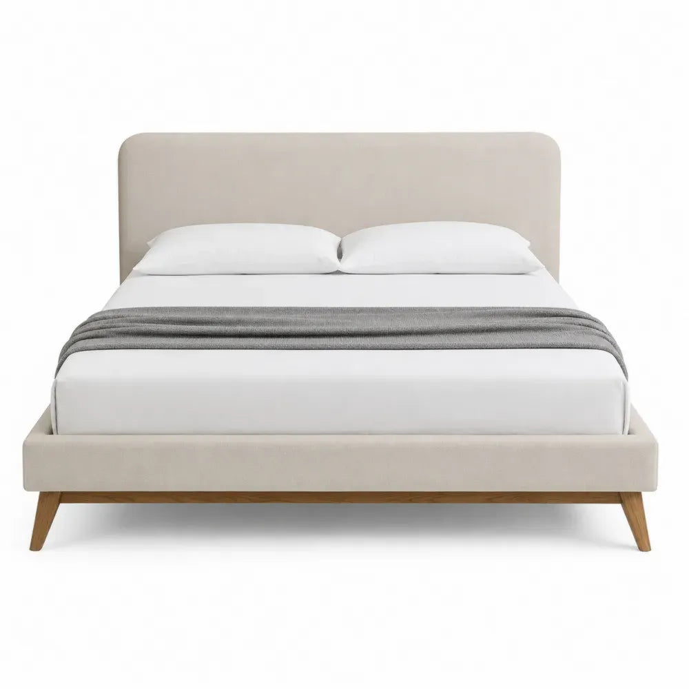 Cama de matrimonio rectangular tapizada en poliéster beige con cabecero redondeado y patas de madera natural para colchón 160 x 200 cm
