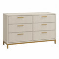 Cómoda de dormitorio con 6 cajones estructura MDF acabado beige con tiradores metálicos dorados 120 cm x 40 cm x 80 cm