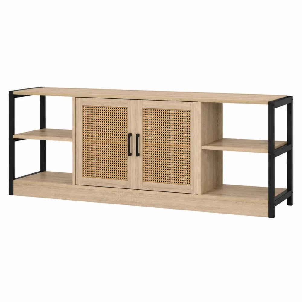Mueble TV rectangular de MDF acabado roble claro con puertas de ratán y estructura de acero negro 180 x 40 x 60 cm