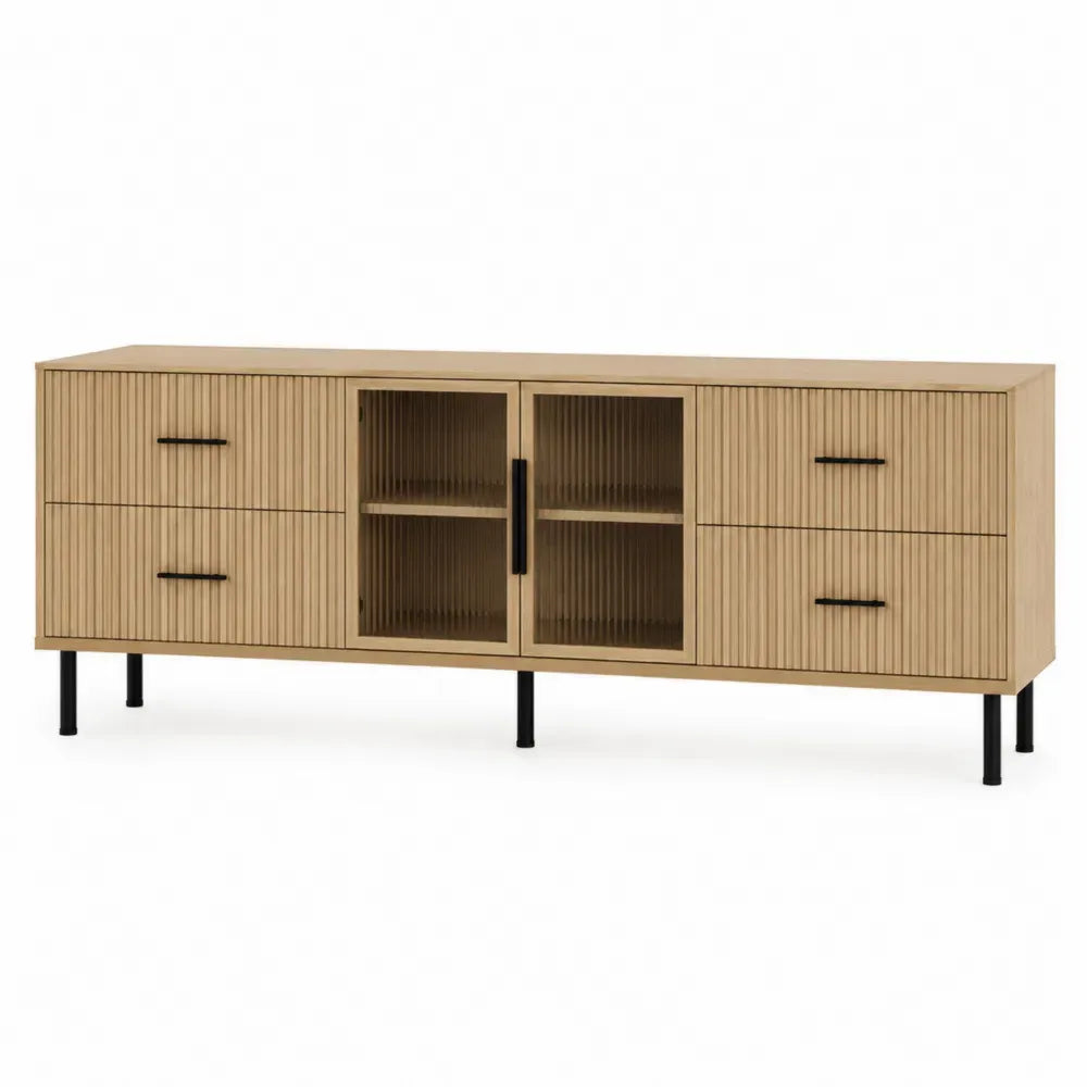 mueble para TV y centro de entretenimiento en madera de roble claro con puertas de vidrio estriado cajones laterales y estructura metálica negra sin dimensiones especificadas