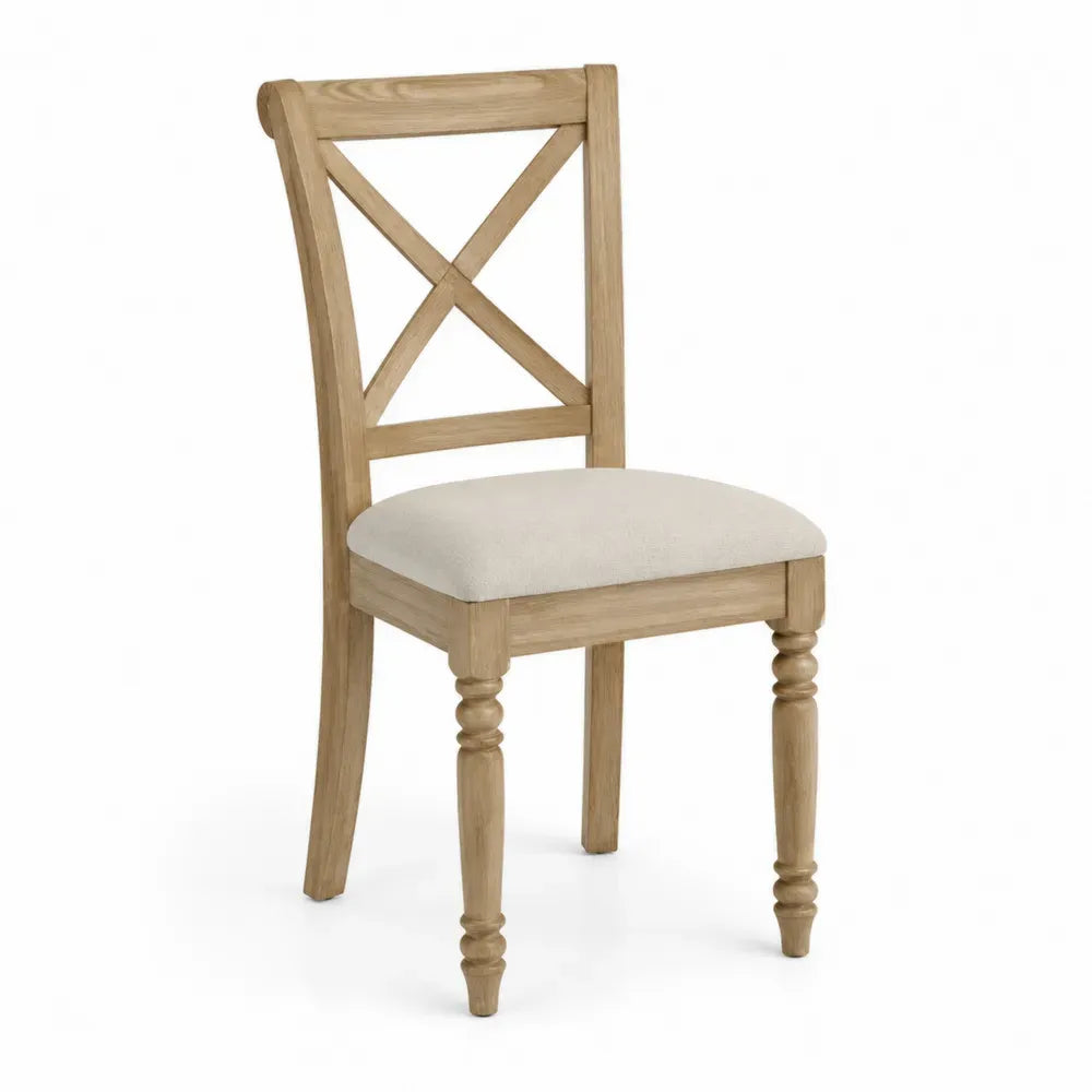 Silla de comedor de madera de caucho natural con respaldo cruzado asiento tapizado beige 52 x 52 x 85 cm