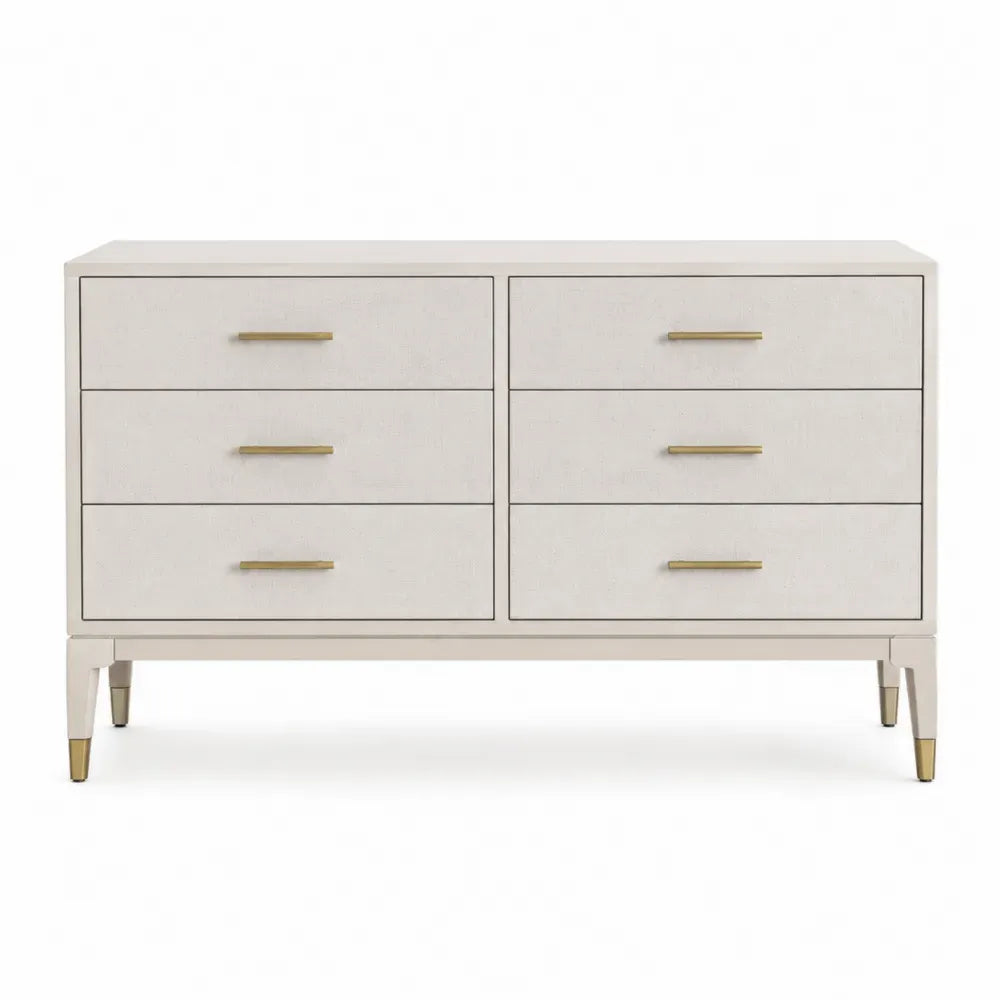 Cómoda de dormitorio de 6 cajones color beige claro con tiradores metálicos dorados 140 x 40 x 80 cm