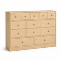 Cómoda rectangular con 13 cajones MDF chapado en roble claro tiradores de madera 150 x 40 x 85 cm