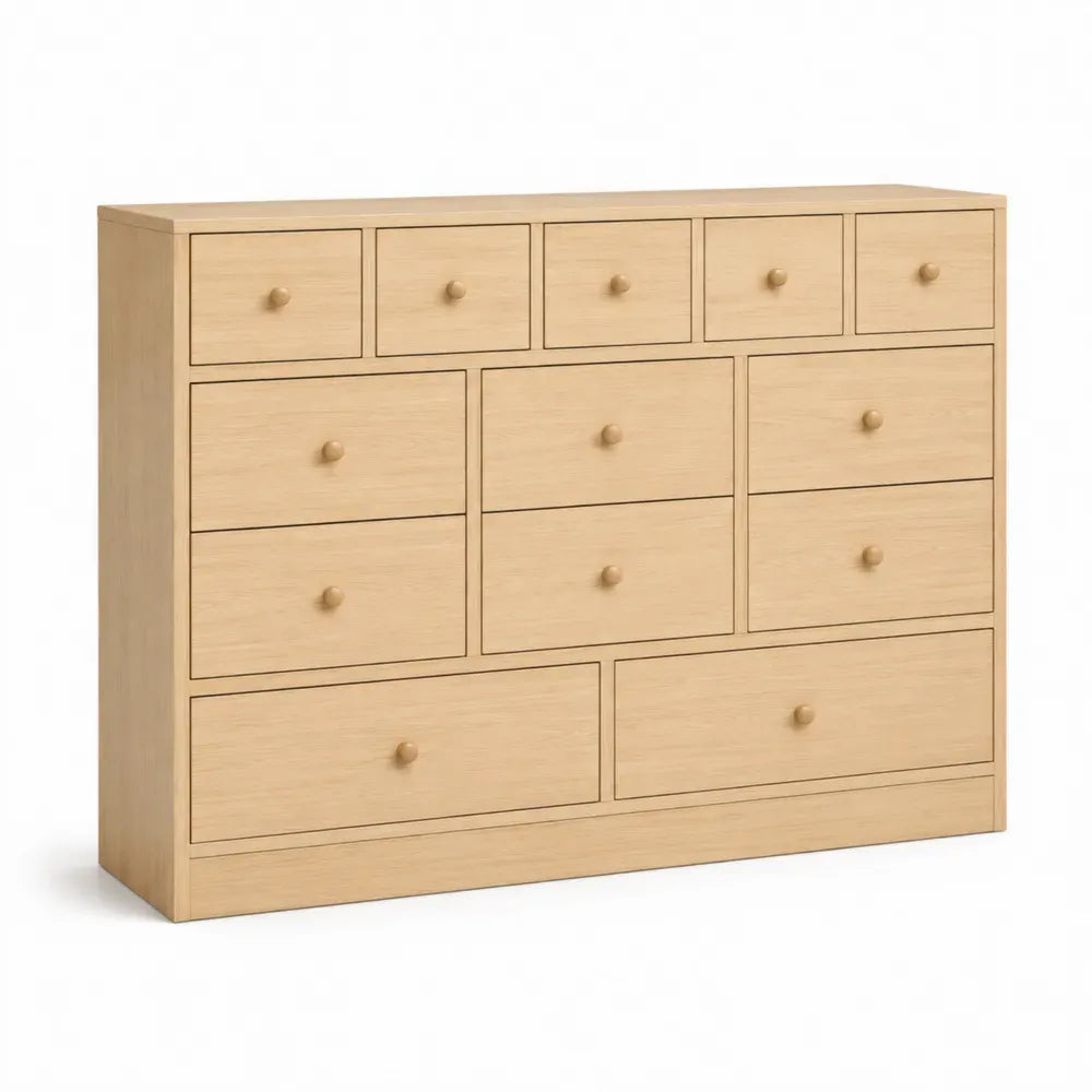 Cómoda rectangular con 13 cajones MDF chapado en roble claro tiradores de madera 150 x 40 x 85 cm