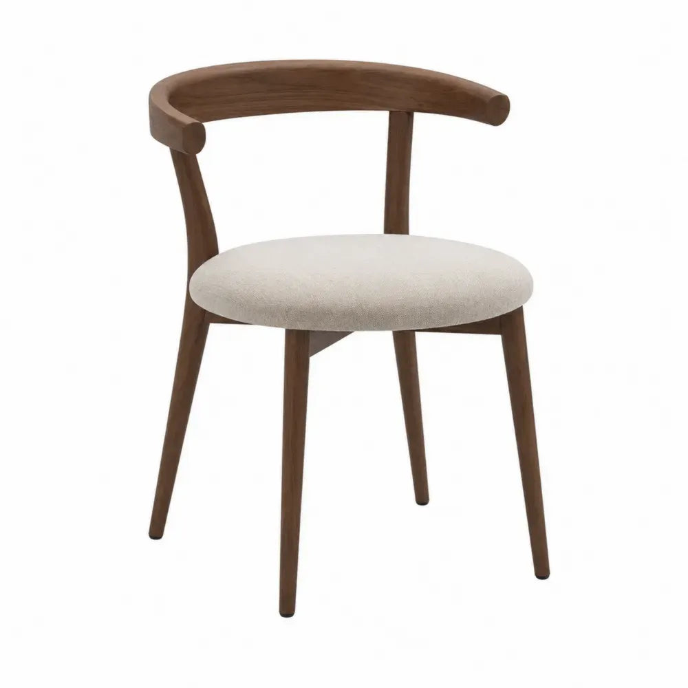Silla de comedor con respaldo curvo de madera de caucho marrón nogal asiento tapizado beige 54 x 55 x 82 cm