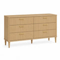 Cómoda rectangular con 6 cajones tablero de partículas y MDF roble claro frentes estriados tiradores dorados 140 x 40 x 80 cm