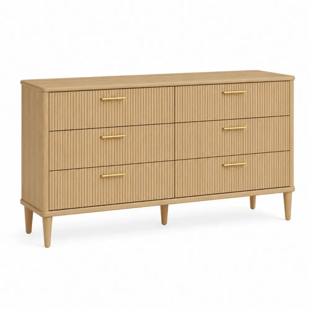 Cómoda rectangular con 6 cajones tablero de partículas y MDF roble claro frentes estriados tiradores dorados 140 x 40 x 80 cm