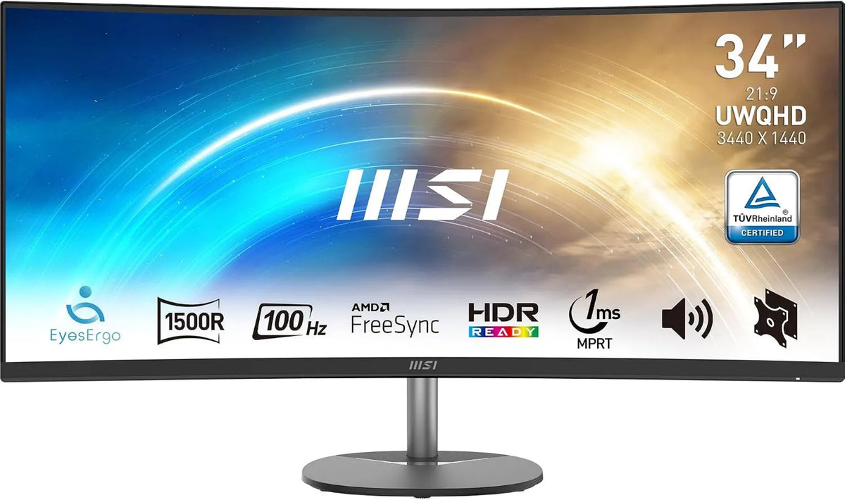 MSI Dalle VA 3440x1440, Pro MP341CQ Curved Professional Screen 34' UWQHD, 100 Hz, 1ms MP341CQ 1500R, DisplayPort, Curvature 1500R, VESA-compatível