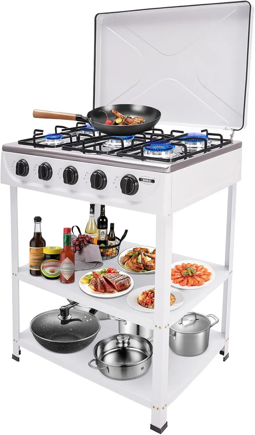 Beaudreaul Cozinhador com forno, 5 lareiras, portátil, exterior, branco, placa de cozinha a gás de 5 zonas