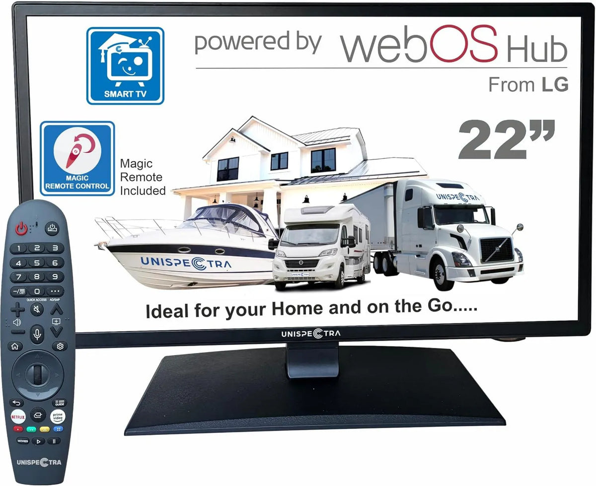 Unispectra Smart TV, 22 polegadas, 12 V, 3 HDMI, 2 USB, TV, WebOS, Full HD, camping, caravanas, caminhões e vans