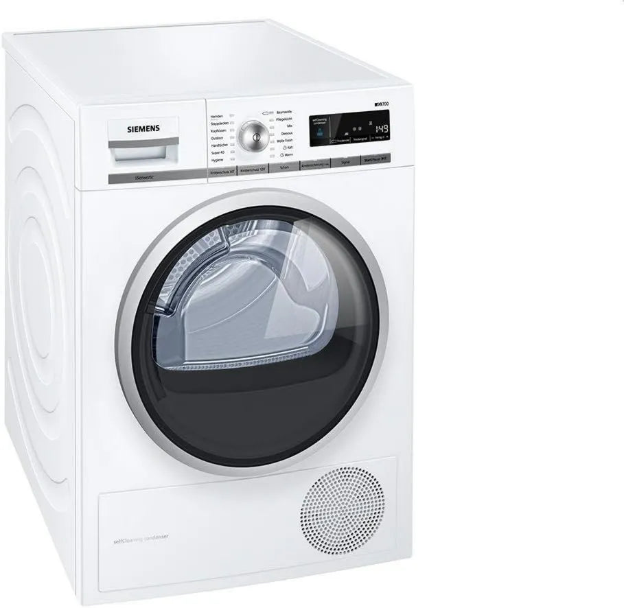 SIEMENS WT47W565 Dryer, 8 kg, ecrã branca, grande com pré-seleção de tempo final