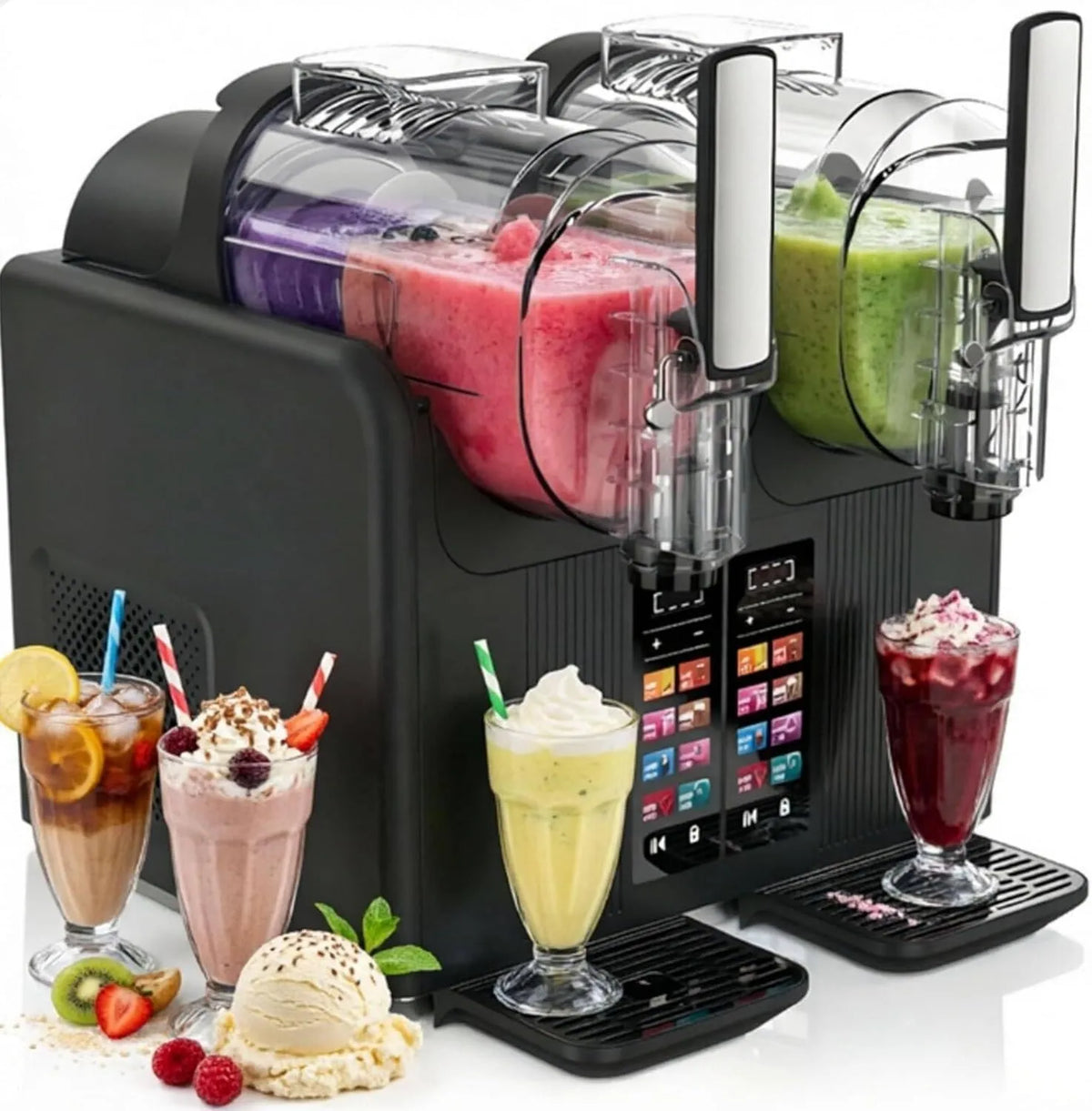 FJYAWEN Produto Tanque duplo, Granita e Molle máquina de gelo 2 em 1, preto, 7 programas predefinidos, Coçadinha congelada & Cocktails, com limpeza automática