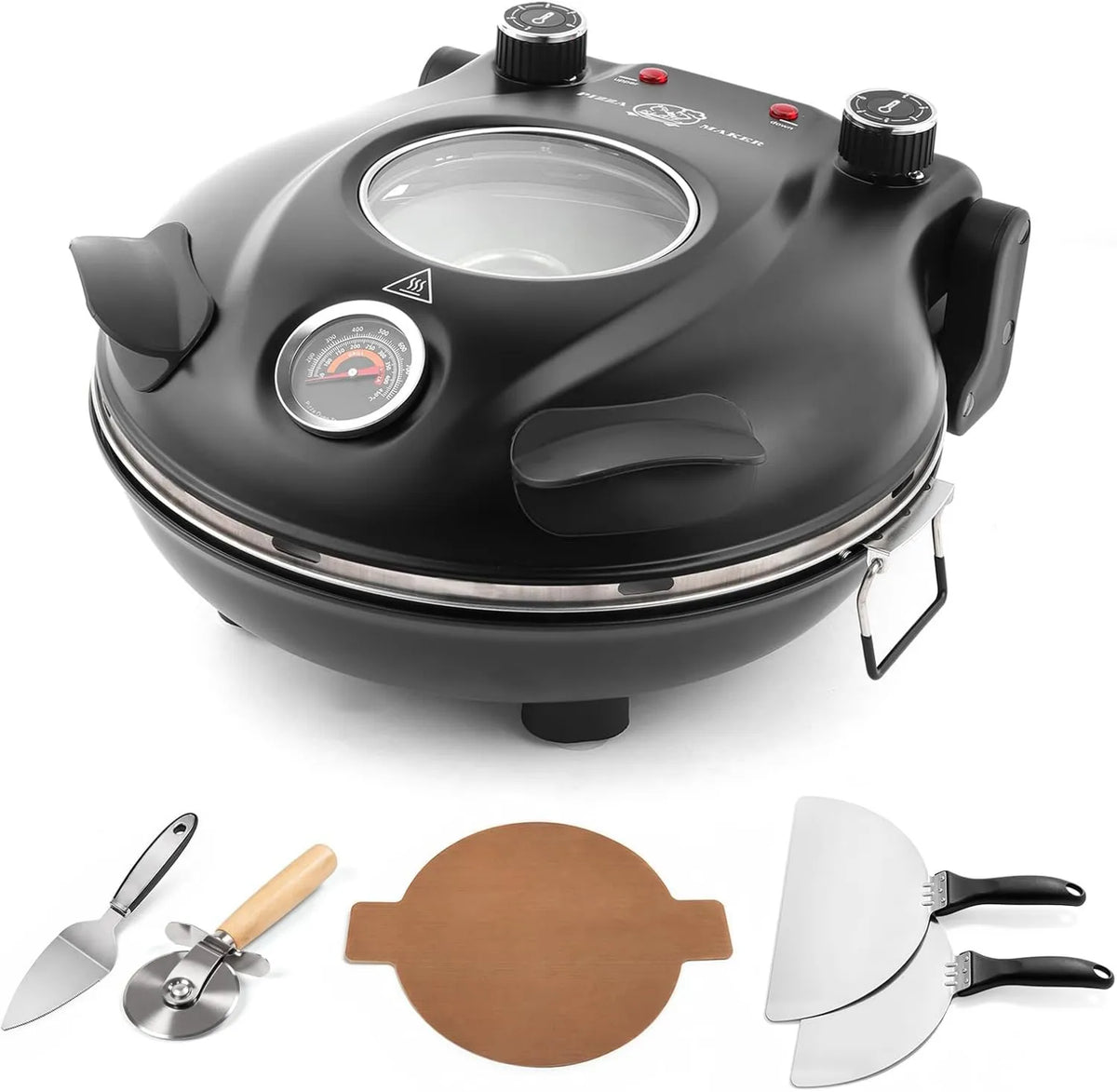 klaif Forno de pizza elétrica, 30, 5 cm, interior cerâmico, 2 zonas de temperatura, preto, kit de ferramentas de pizza, PTS, dois reguladores de temperatura