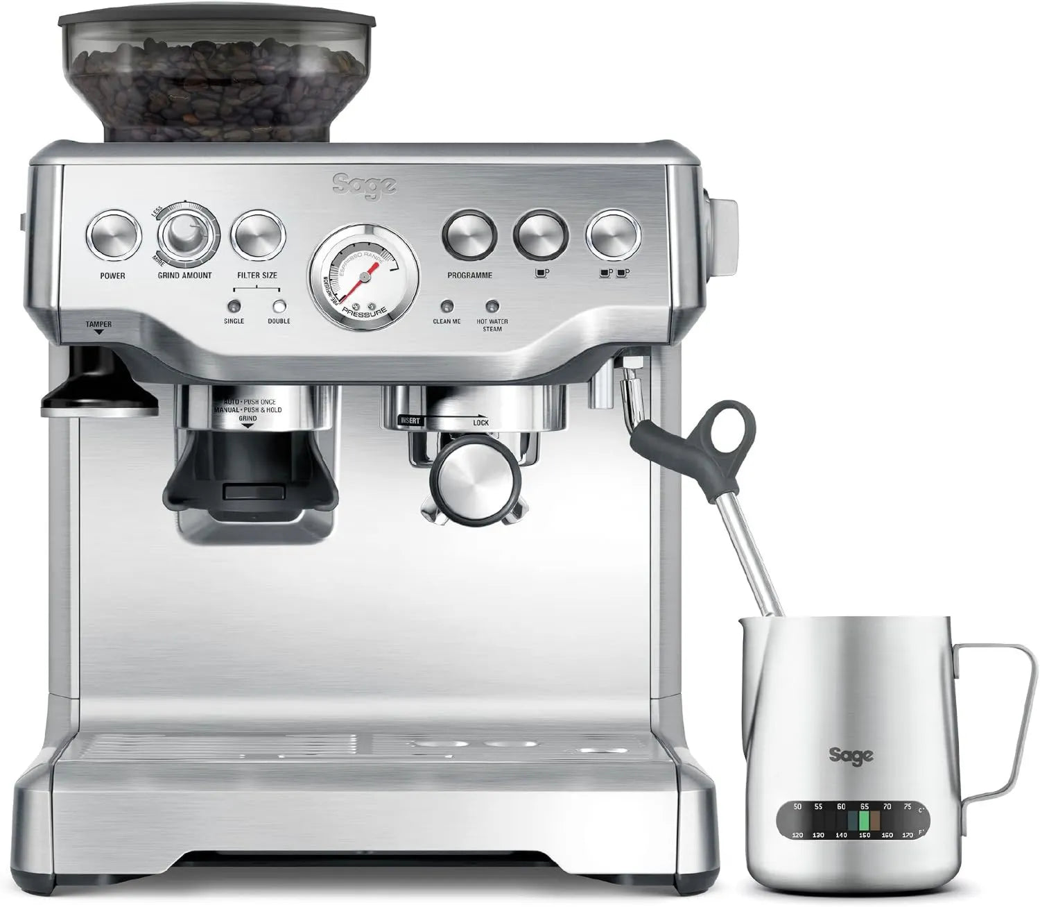Sage Aço inoxidável de salva escovado, o Barista Express, Moinho de Meules cônico 16 configurações, Filtro Titular de dose de 54mm 18g, Água 93°C, pré-infusão 9 barras e
