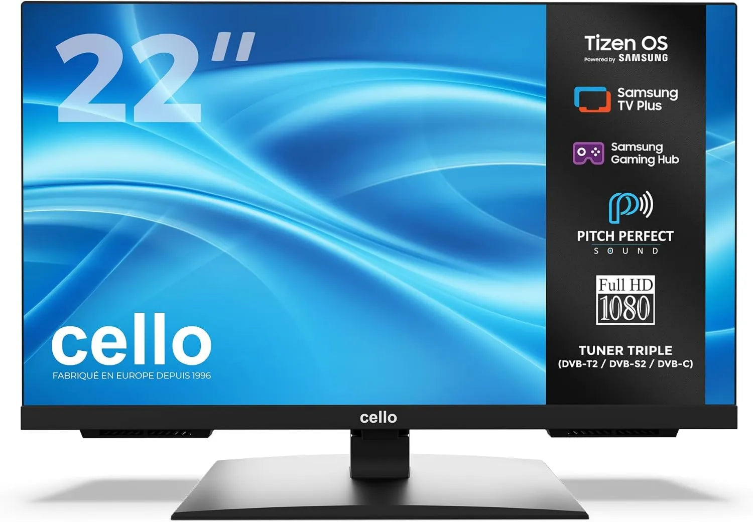 Cello Samsung C2226TZH Smart TV, 22 polegadas, TV, Tizen OS, sintonizador triplo DVB-T2, S2, Bluetooth, Hub de jogos, Son Pitch Perfect