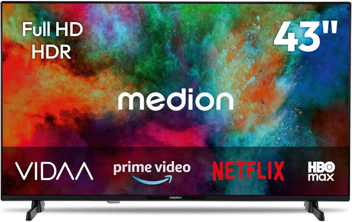 MEDION Smart TV, 43 polegadas, TV, HDR, Bluetooth, Full HD, gravação PVR, MD 843101, 108 cm, Loja VIDAA, DAZN, Televisão, Vídeo Prime, Disney+
