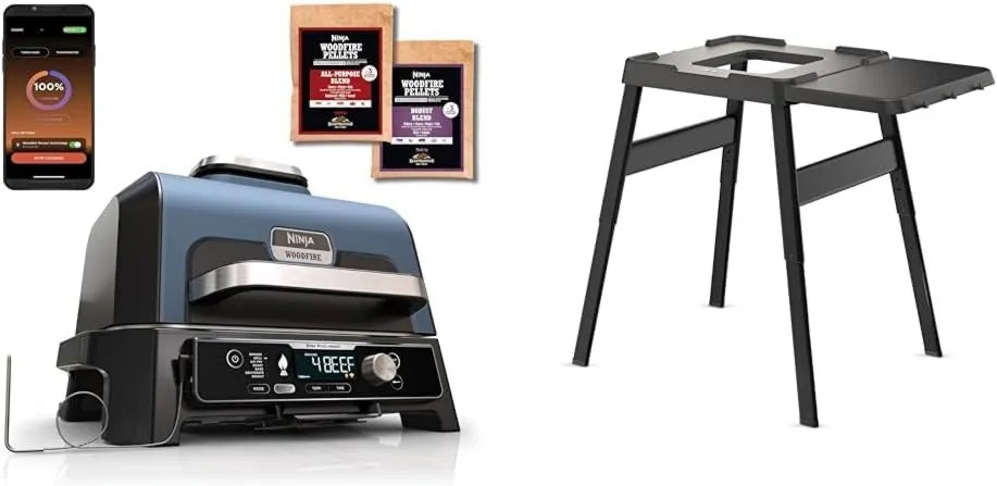 NINJA Forno elétrico, exterior, grelha, controlo via App & Woodfire mesa lateral, apoio ajustável e lateral, rack de churrasco