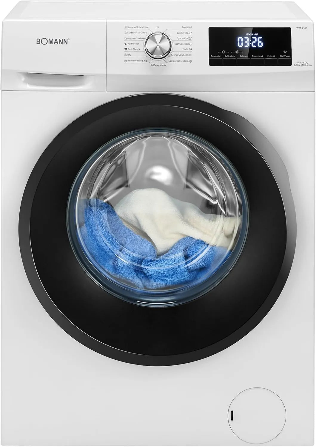 Bomann Máquina de lavar roupa, 8 kg, máquina de lavar roupa, secador, vapor, inversor, 1400 tr, min, WAT, 5 kg de secagem, Lavagem e secagem em uma passagem