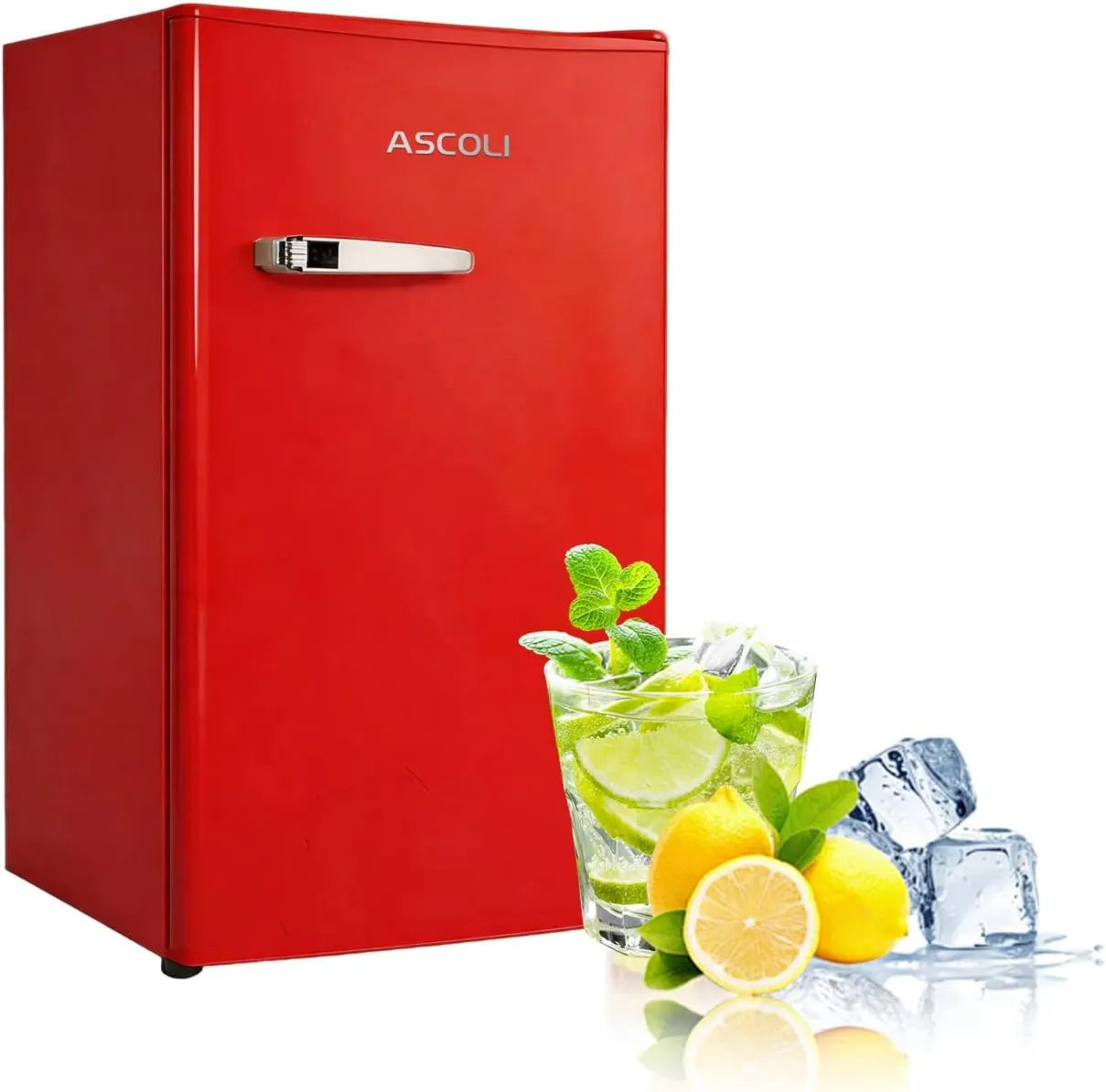 Ascoli Frigorífico, 85 L, iluminação LED, silencioso, alça metálica, controlo mecânico, refrigeração direta, prateleiras ajustável
