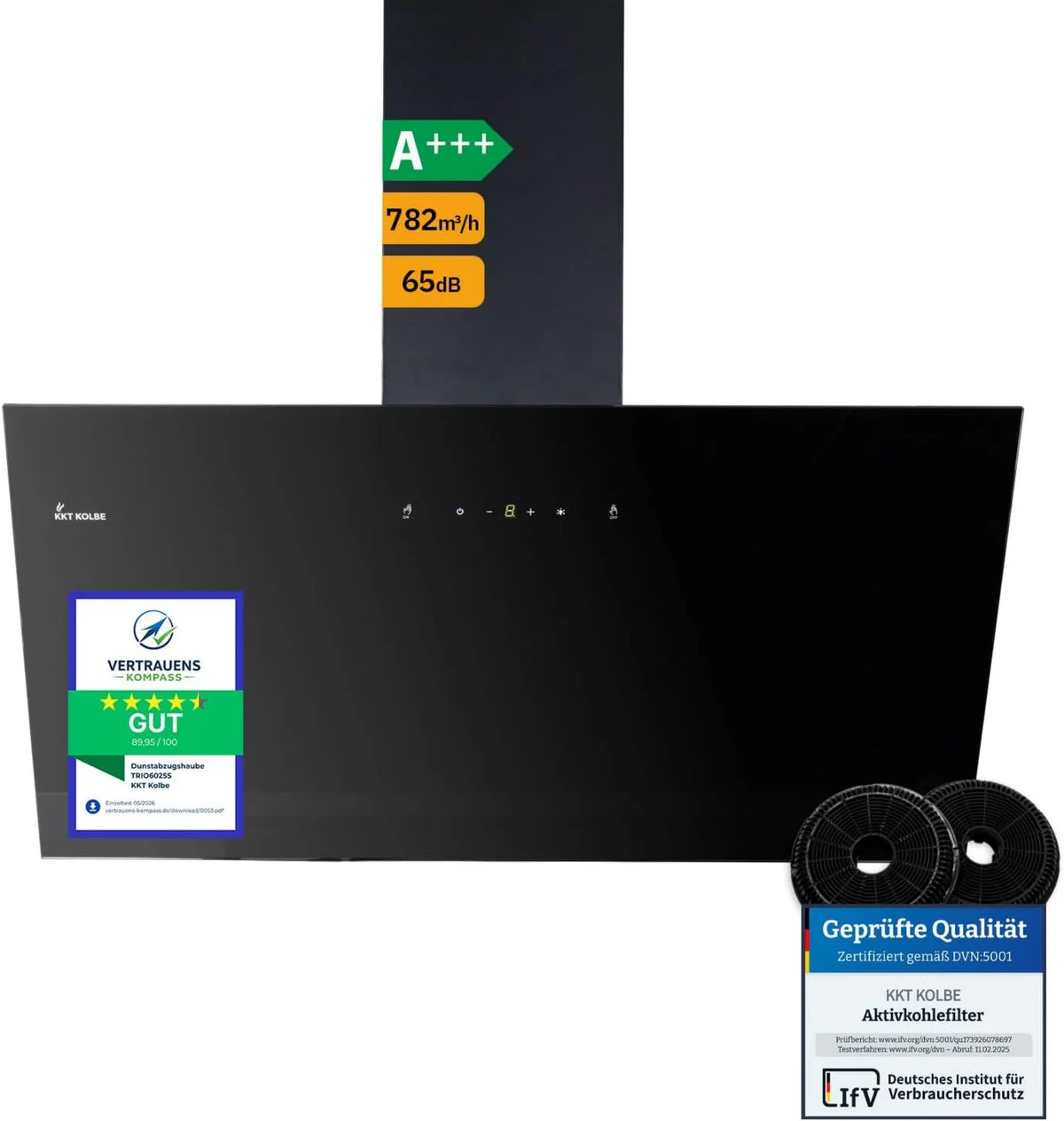 KKT KOLBE Tripulação de vácuo TRIO8025S, 80 cm, capa de cozinha, iluminação LED, toque, preto, 782 cbm, ar de circulação de ar Evacuee, tampas de parede sem cabeça