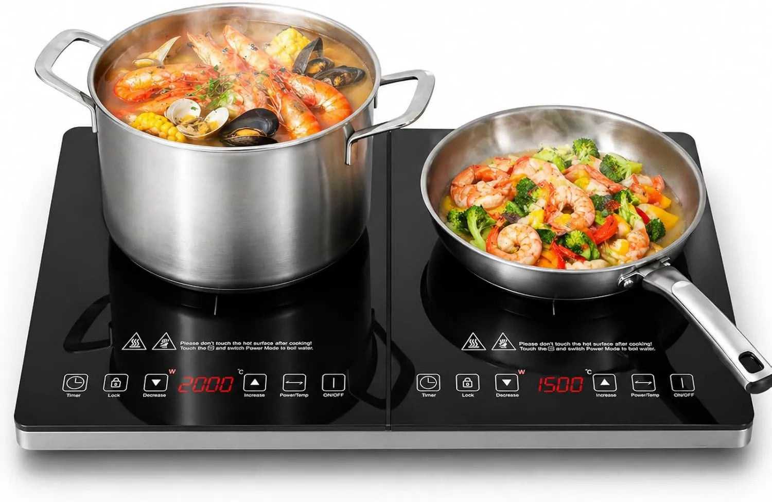 AMZCHEF Placa de indução, 2 lareiras, 3500 W, mesa de indução de cozinha, temporizador, de pé livre, 2 zonas de temperatura, 20 níveis de temperatura, tabelas de indução