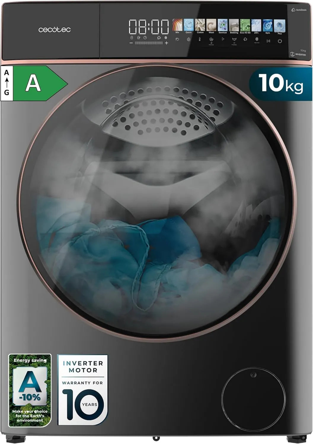 Cecotec Bolero DressCode 10900 Máquina de lavar roupa, 10, 3 polegadas, 11 programas, 10 kg, classe energética A, inversor, 1400 tr, SteamMax, ecrã 10, min