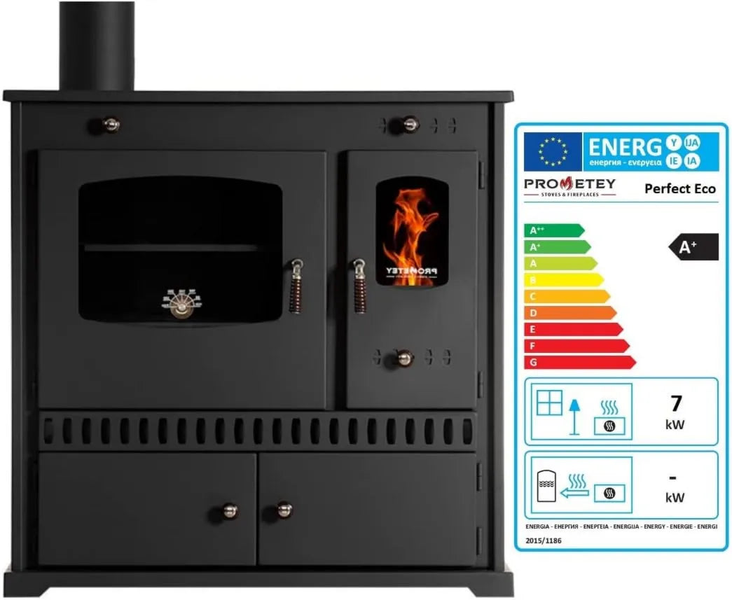 Cozinha com forno, EcoDesign 2022, fogão de madeira Prometey Perfect Eco- 7 KW - EcoDesign 2022