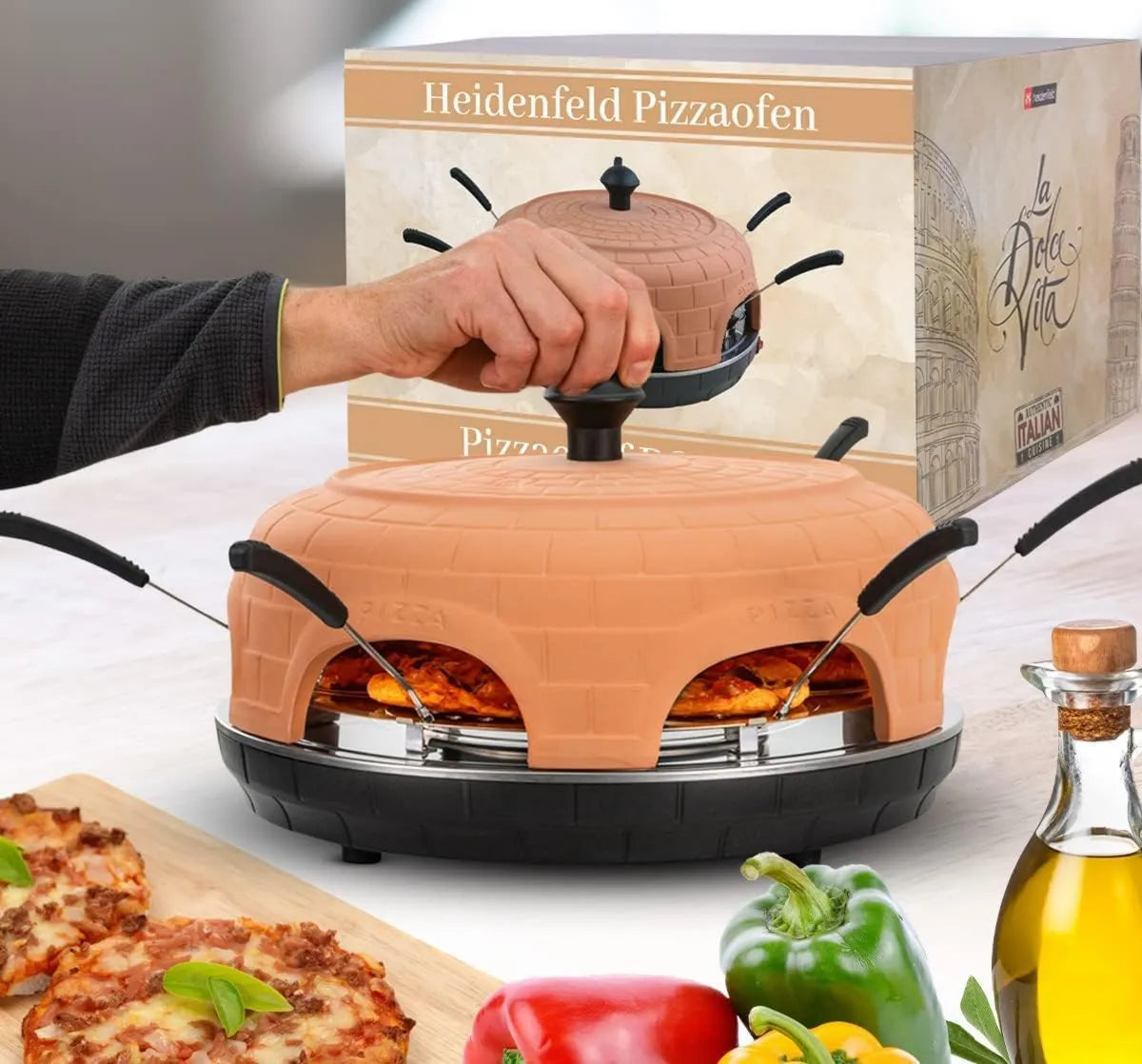 heidenfeld Pizza forno elétrico, incluído Pizzamaker com espátulas de pizza, lugar para 6 pessoas, 1000 Watt