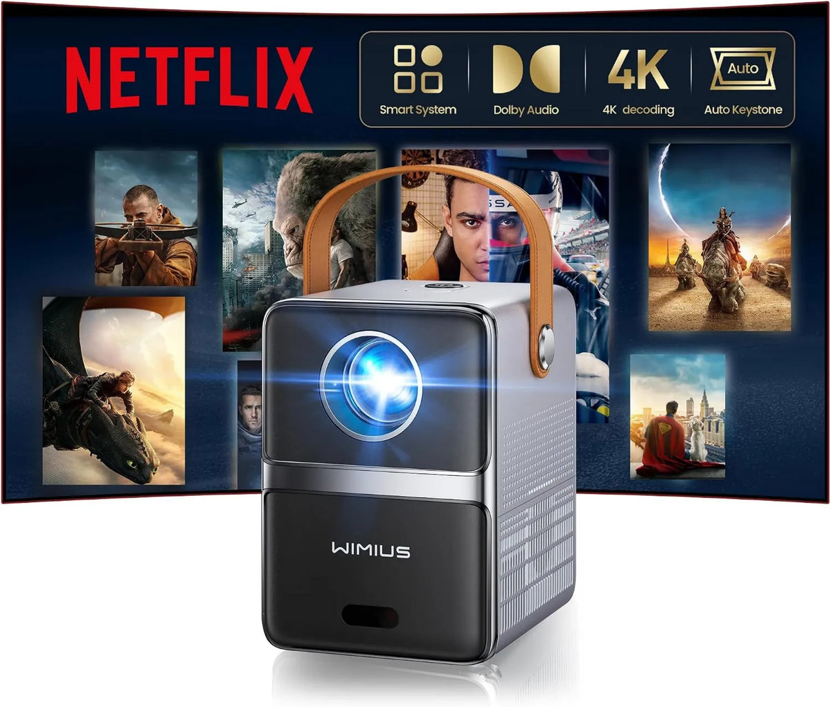 WiMiUS Projetor WiFi6 30000LM, portátil, ao ar livre, Wi-Fi, Bluetooth, 4K UHD, projetor de vídeo, 4K Netflix Mini Projetor Incluído, Foco curto