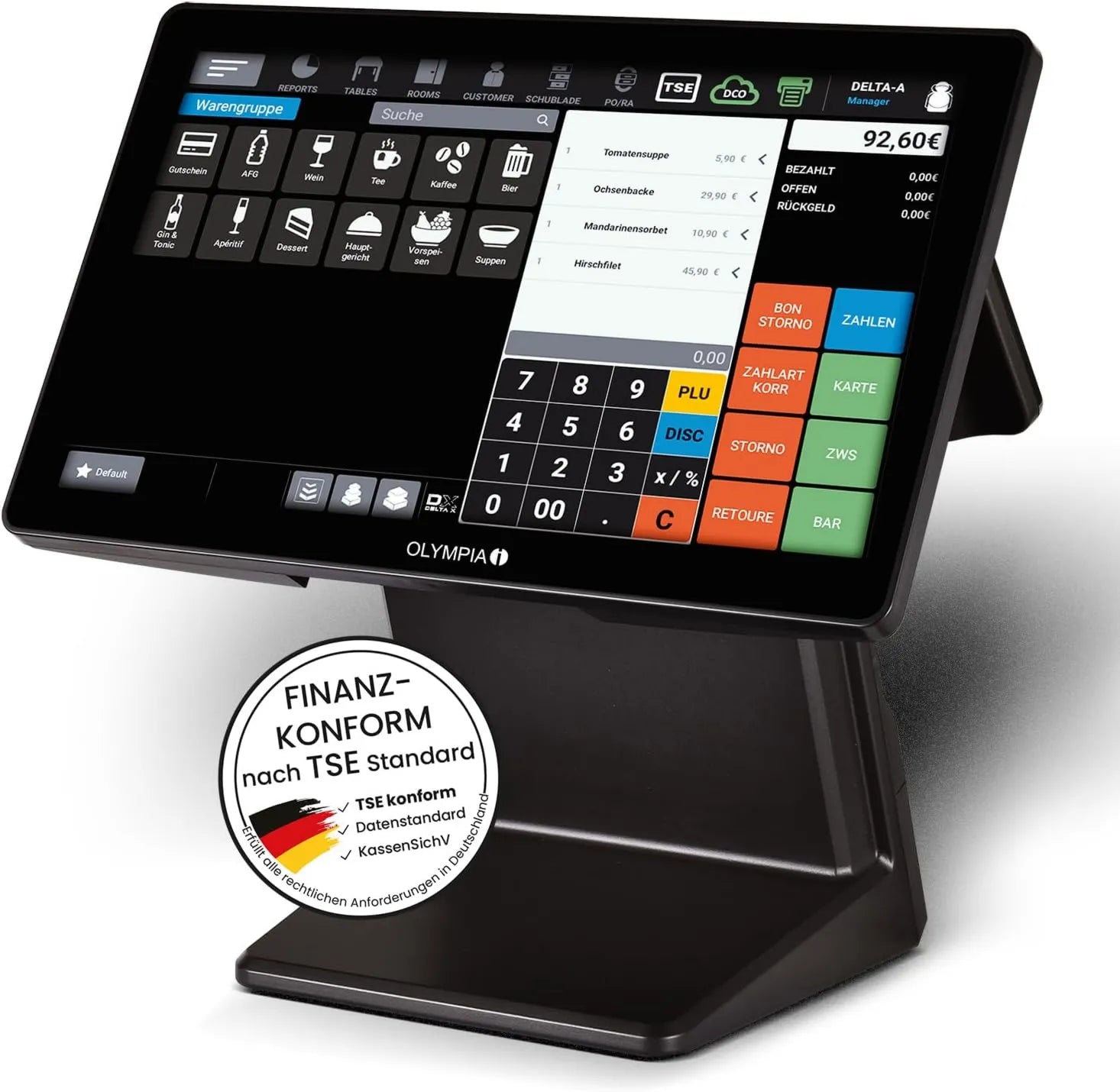 OLYMPIA ecrã sensível ao toque com Android 11 e USB-TSE, sistema de caixa para catering e varejo, caixa registradora com exibição do cliente