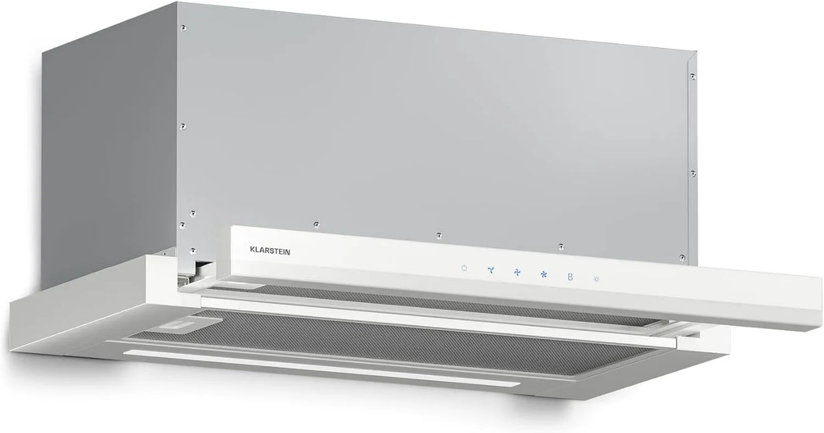 KLARSTEIN exaustor de sucção, 60cm, 896 m3/h, classe energética A, capa de cozinha, toque, silencioso, branco, LED, capa da gaveta, Filtro de Carvão