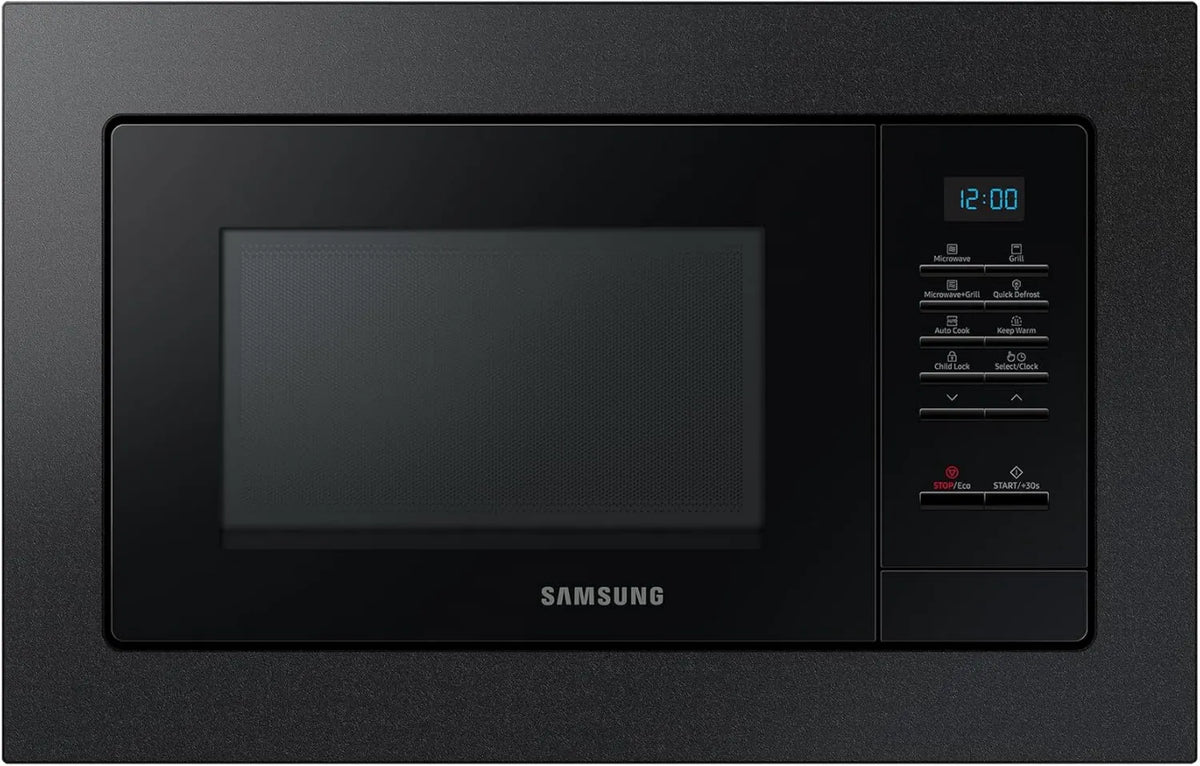 Samsung MG20A7013CB/EG Microondas, 28 cm, 20 L, 850 W, encastrado, forno de microondas, preto, com moldura de montagem, placa crusty, interior de esmalte