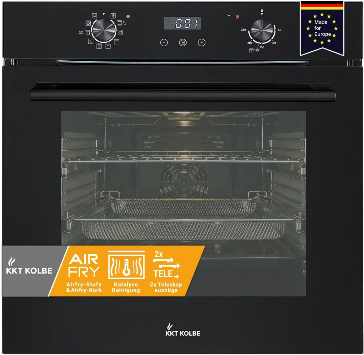 KKT KOLBE Forno de pizza elétrica, 60 cm, 73 L, KKT BO7010FB, encastrado, autónomo, preto, 25 kW Extractores telescópicos Função de pizza Catalisar Ar quente