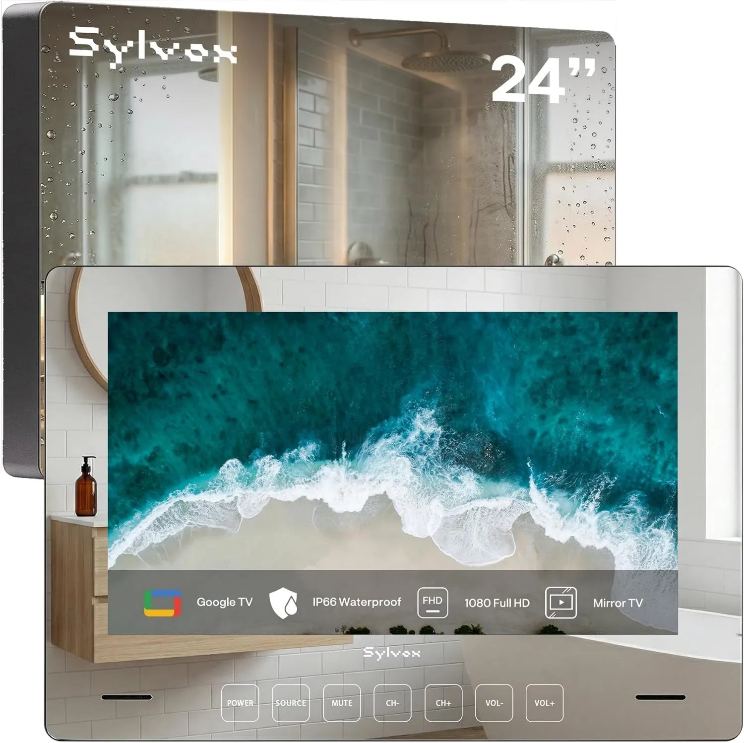 Google 1080P 500nits Smart TV, 24 polegadas, TV, IP65, instalação de parede, SYLVOx 24' espelho de TV Google para casa de banho 1080P IP66 impermeável