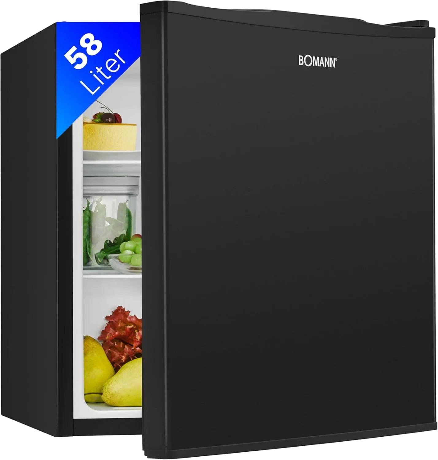 Bomann Frigorífico, 58 L, termostato, preto, reversível, pés ajustável, formato compacto, sala de escritório estúdio ideal, pequena pegada, iluminação