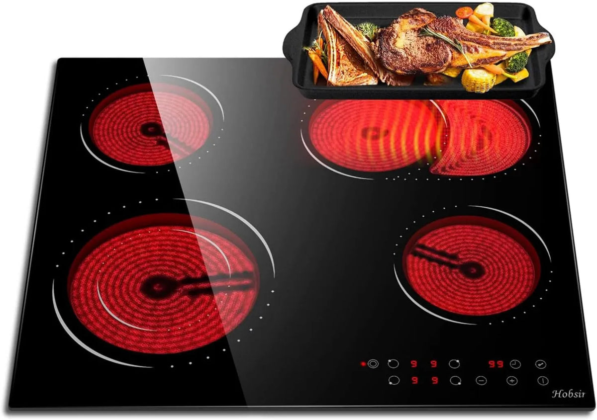 Hobsir hob Placa de vidro cerâmico, 52 × 59 CM, 4 lareiras, Hobsir, área flexível, temporizador, travamento, 6600 Watts, 99 Minutos Timer, Zonas de expansão