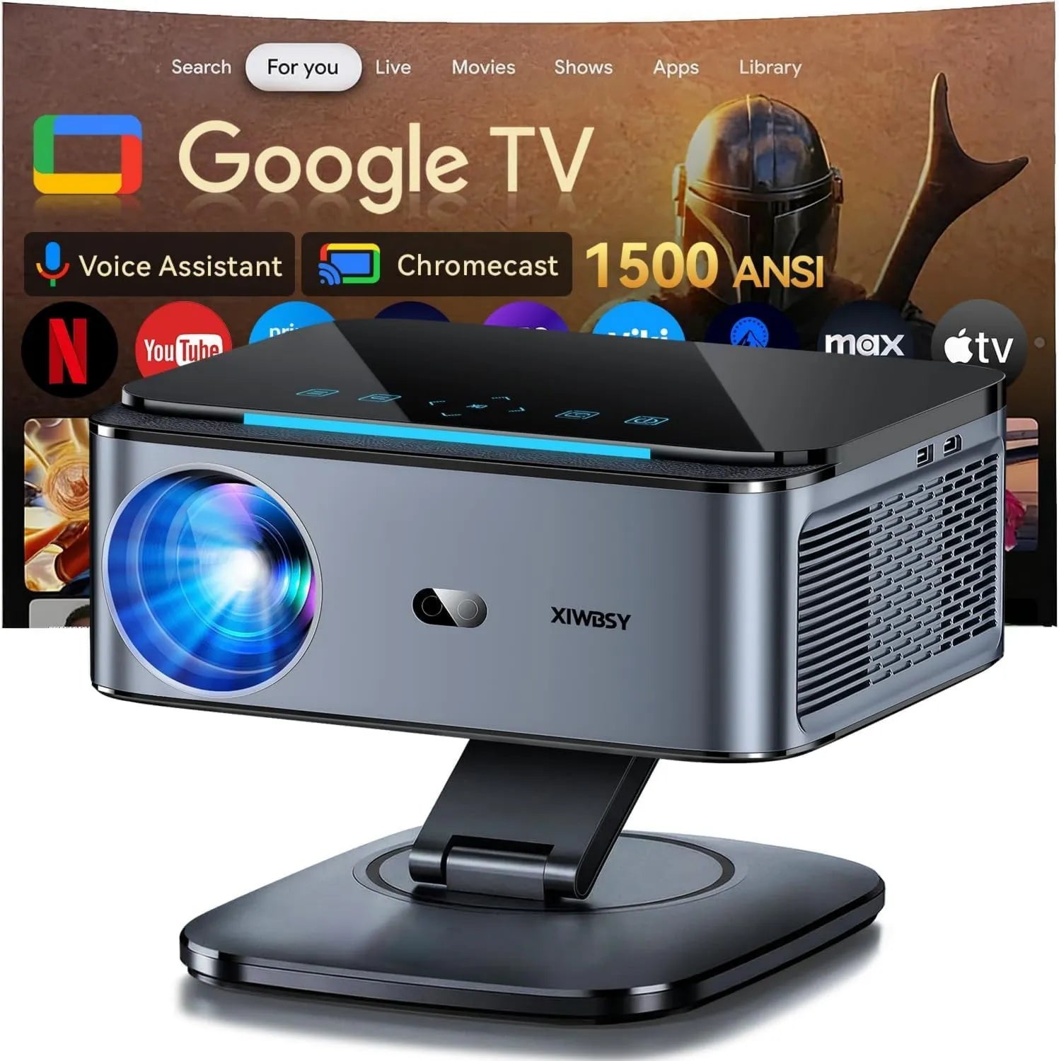 xIWBSY Google WiFi6 Smart TV, TV, 4K UHD, Wi-Fi, Bluetooth, Full HD, 4K Video Projector Vocal Control, 38000 Lumen FHD, 360° Rotação, Autofokus